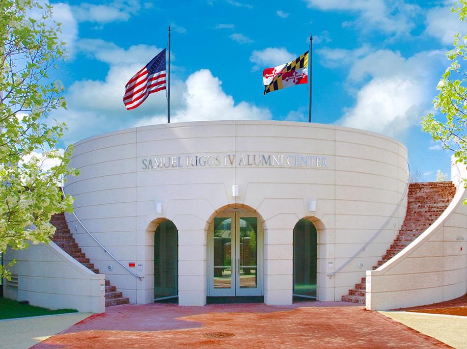 Front of Samuel Riggs IV Alumni Center in daytime