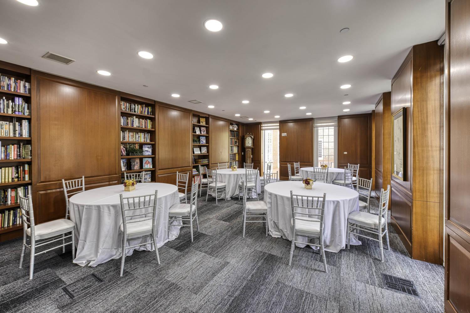 Chaney with white banquet tables